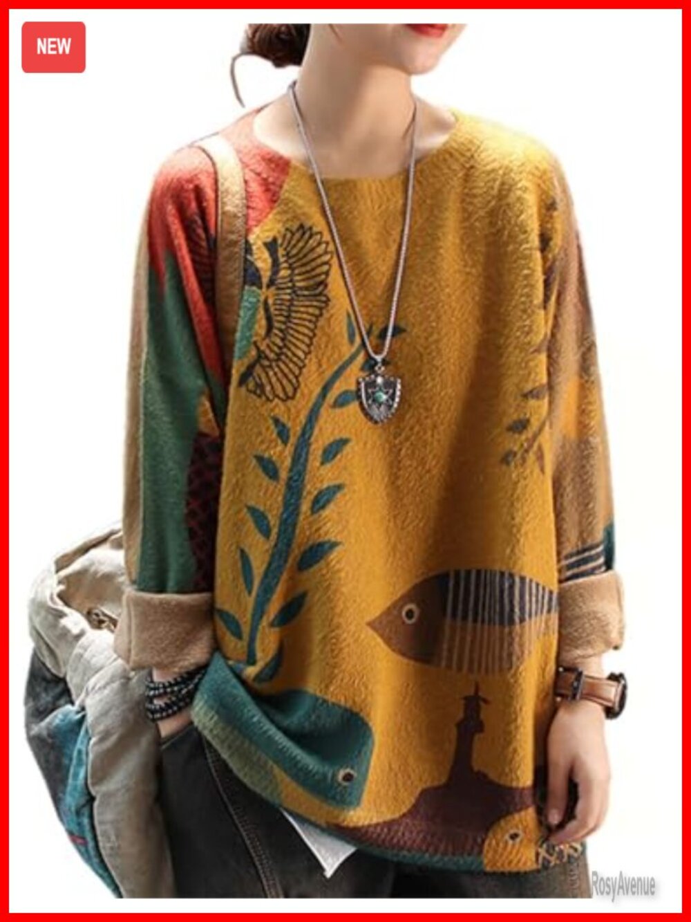 Oversized Boho Pullover Sweater Cotton Wool Blend Crew Neck